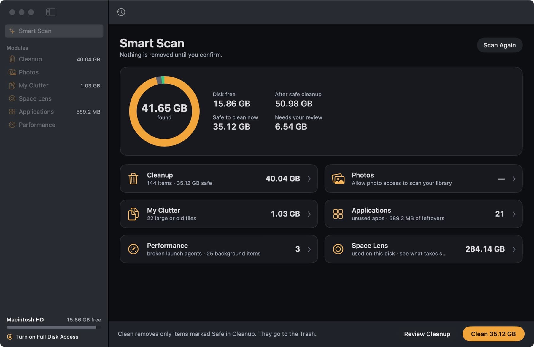 CleanLoupe Smart Scan result: 41.65 GB found, 35.12 GB safe to clean now, with Cleanup, Photos, My Clutter, Applications, Performance and Space Lens cards.